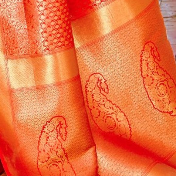 JHEAPS DARK ORANGE SOFT KANJIVARAM SILK WOVEN GORGEOUS DESIGNER SAREE - Picture 3 of 3